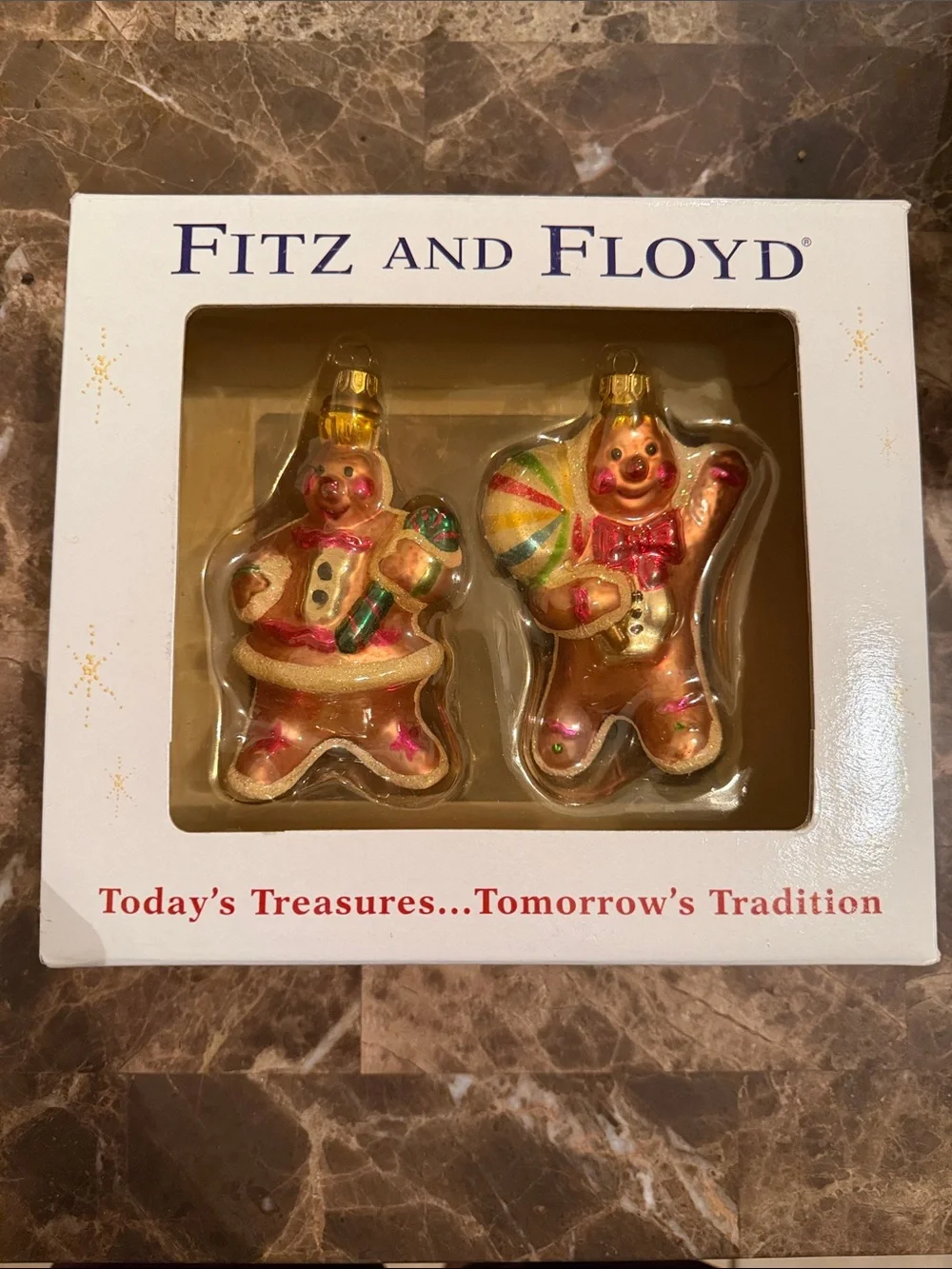 FITZ AND FLOYD Holiday Gingerbread Glass Ornament Set - Shimmery VINTAGE